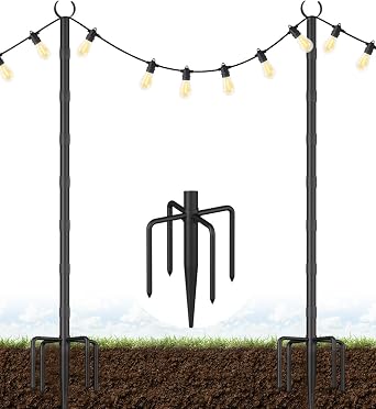10Ft String Light Poles for Grass & Soil, Outdoor Light Stand with 5-Prong Fork Base, Heavy-Duty Metal Poles for Backyard, Garden & Patio Party Lighting, Rustproof & Adjustable, 2 Pack