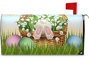 White Rabbit Easter Magnetic Mailbox Cover Letterbox Wraps Wicker Basket Colorful Eggs...