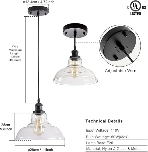 Miniatura 3 de 3 paquetes de luces colgantes industriales, luz colgante vintage sobre mesa, pantalla de cristal de cúpula transparente, cabezal y base de lámpara