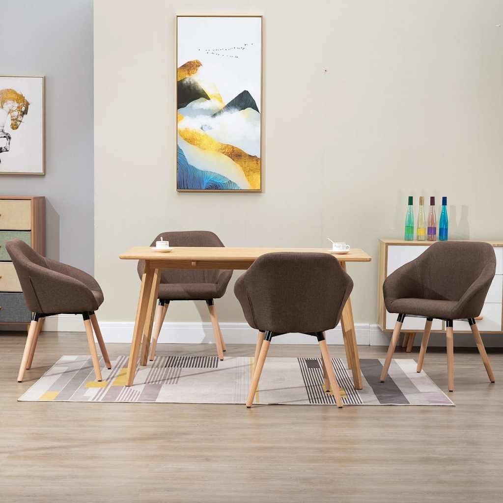Lot de 4 Chaises à Manger Marron en Tissu avec Accoudoirs