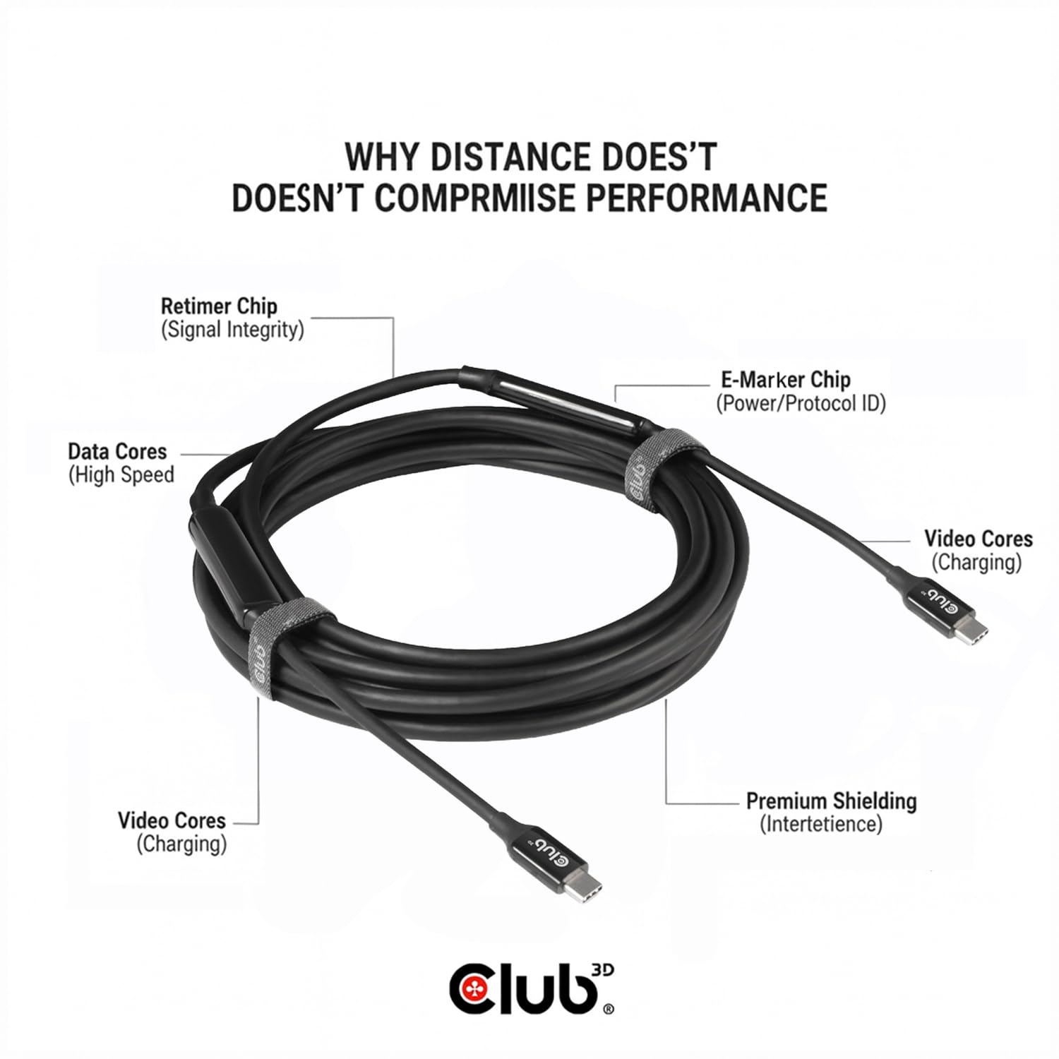 Club 3D USB 3.2 Gen2 Type C to C Active Bi-directional Cable 8K60Hz M/M 5m/16.4ft - 5 m - USB C - USB C - USB 3.2 Gen 2 (3.1 Gen 2) - 10000 Mbit/s - Black
