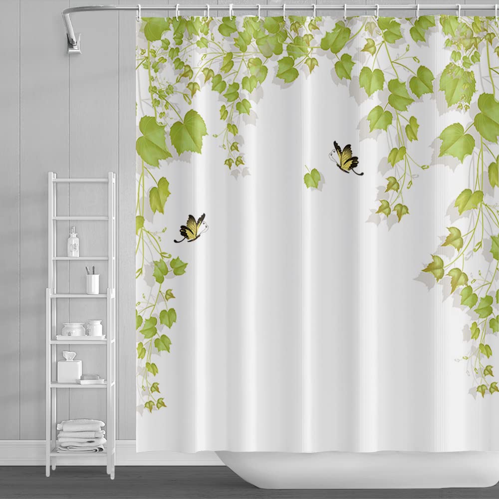 18meng Art Shower Curtain Green Leaf Mould Proof Weighted Polyester Fabric Bathroom Curtains 220x200cm Waterproof Resistant Wet Room Washable Bathtub Curtain with 12 Hooks
