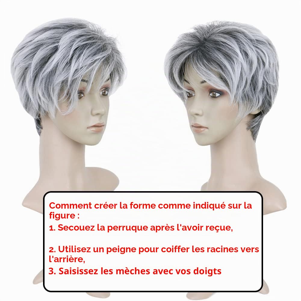 BECUS Perruque Courte Grise Ombrée pour Femme – Perruque Synthétique Naturelle avec Frange pour Usage Quotidien, Cosplay et Fête(Gris Argenté Avec Racines Noires)