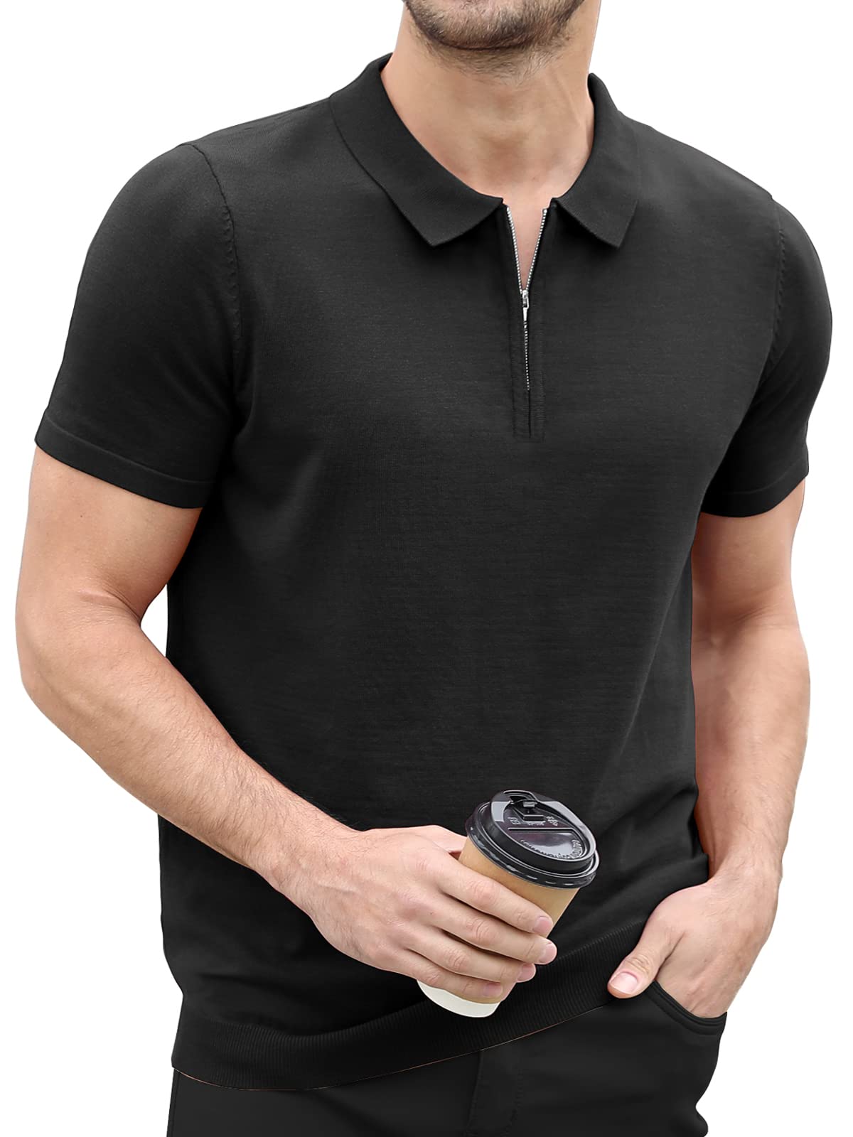 RQPMens Zipper Polo Shirts Knit Casual Shirts Short/Long Sleeve,Stretch Slim Fit Golf Shirts,Soft Pullover