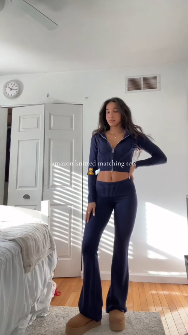 Amazon.com: SUUKSESS Women 2 Piece Knit Sets Cropped Zip Up Hoodie