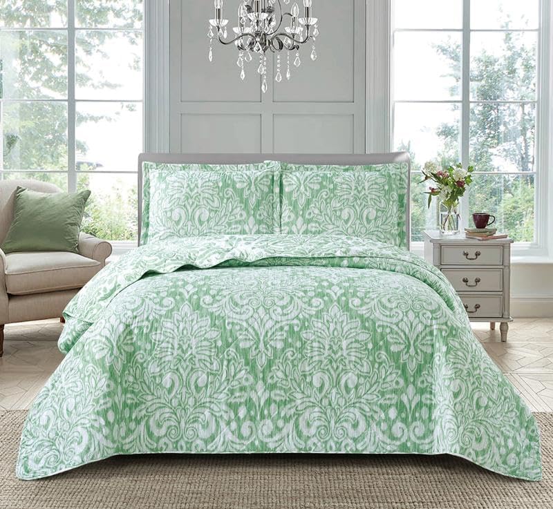 Householdfurnishing 3 Piece Printed Patchwork Bedspread Quilted Bed Throw Comforter with Pillow Shams (Royal Damask Green, Single)