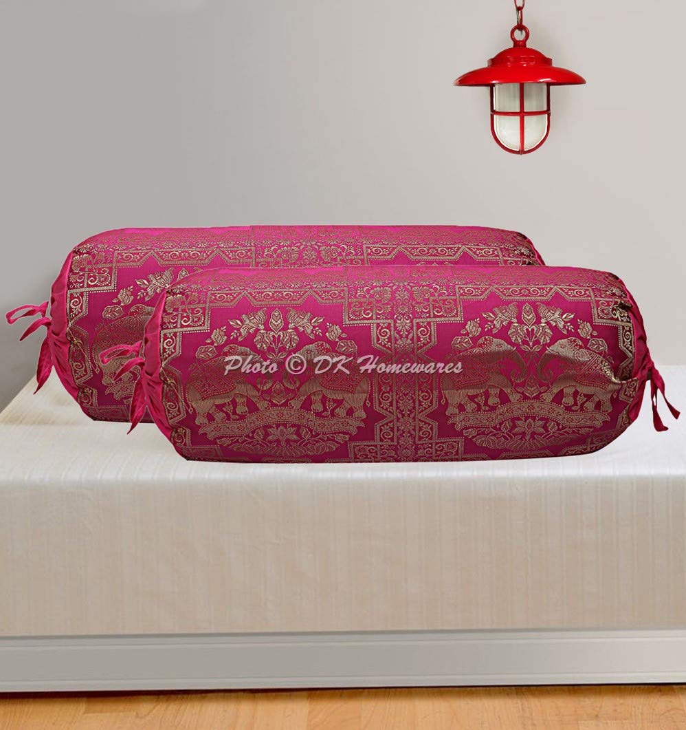 Indian Brocade Polydupion Silk Cylinder Diwan Bolster Pillowcases Pink Elephant 76x38 cm Jacquard Weave Home Decor Tube Cushion Covers - (Set Of 2)