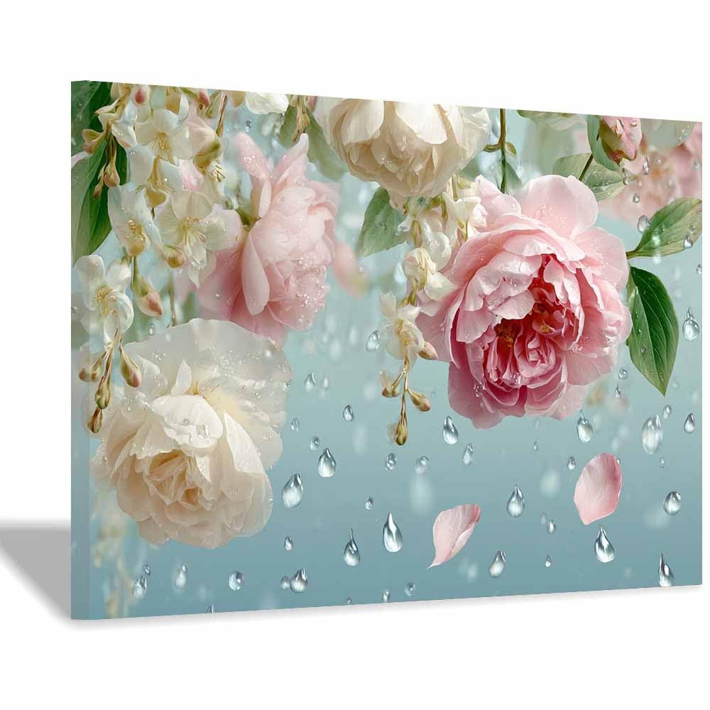 ZAMAEIU Nature Landscape Picture Flowers Dew-kissed Large Modern Scenic Painting, for Living Room Bedroom Bathroom Dinning Room Home Office Wall Decor(white)-30x50cm Framed