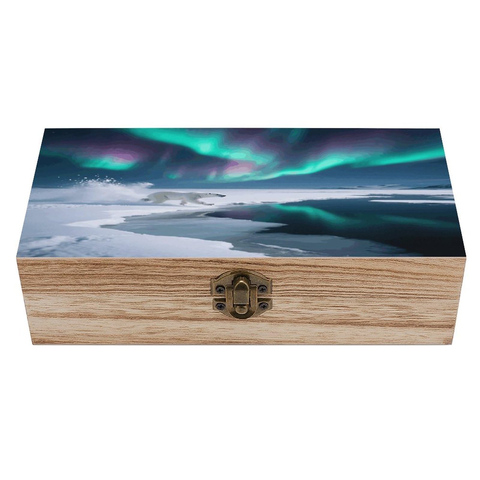 VstaDank Polar Bears Northern Lights Wooden Box Sturdy Vintage Storage Box with Hinged Lid Exquisite Wood Keepsake Boxes Large Jewelry Case Cute Trinket Holder Unique Gift for Men & Women