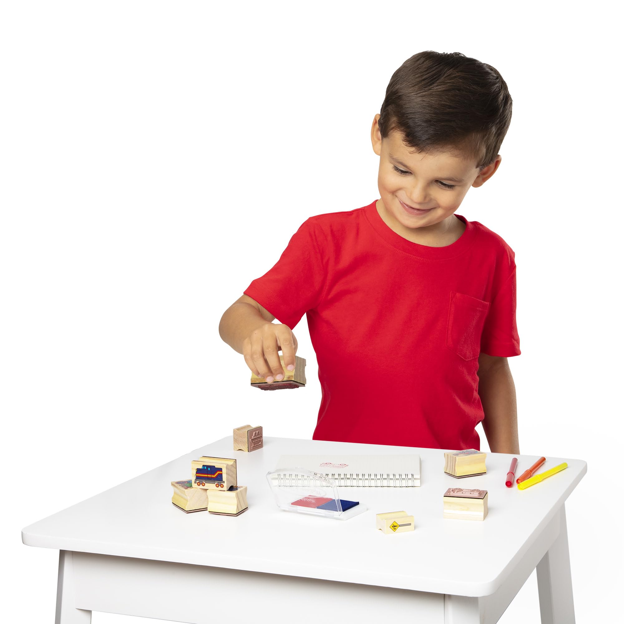 Melissa & Doug 41901 Zestaw drewnianych pieczątek Deluxe - Pojazdy | Sztuka i rzemiosło | 3+ | Prezent dla chłopca lub dziewczynki