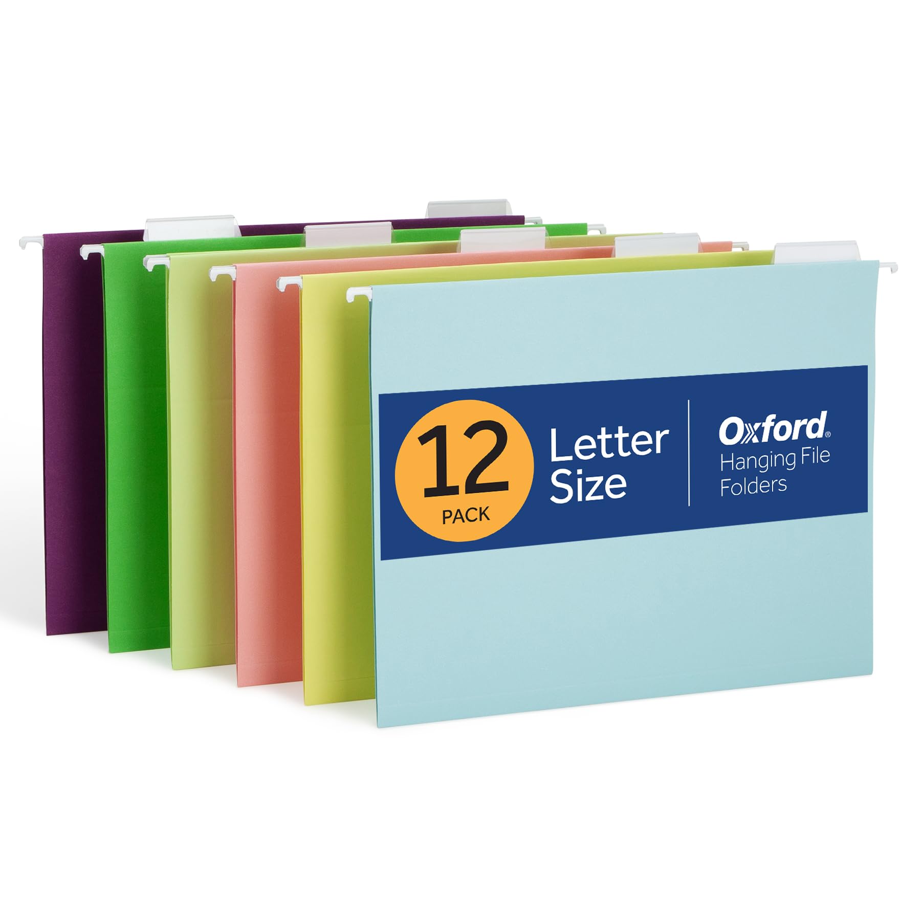 Oxford Hanging File Folders, 12 Pack, Letter Size (8.5" x 11"), 6 Assorted Colors, 5 Tab Positions, Includes Tabs and Inserts, Hanging Files for Office and Document Organization