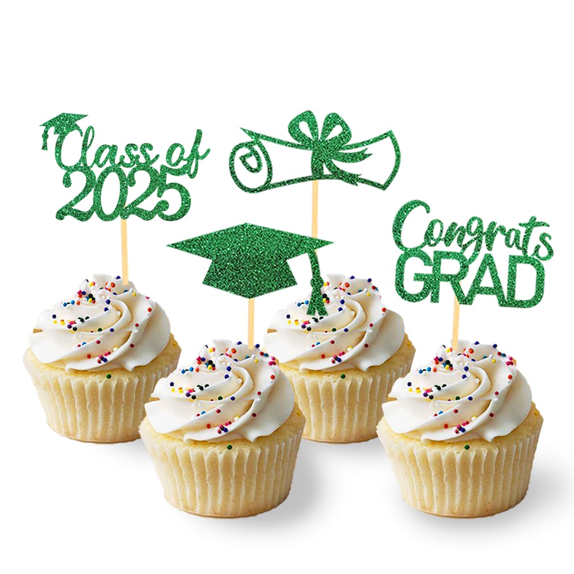 2025 Graduation Theme Cupcake Toppers Glitter Class of 2025 Graduation Cap Diploma Cupcake Picks - Set of 24 (Green)