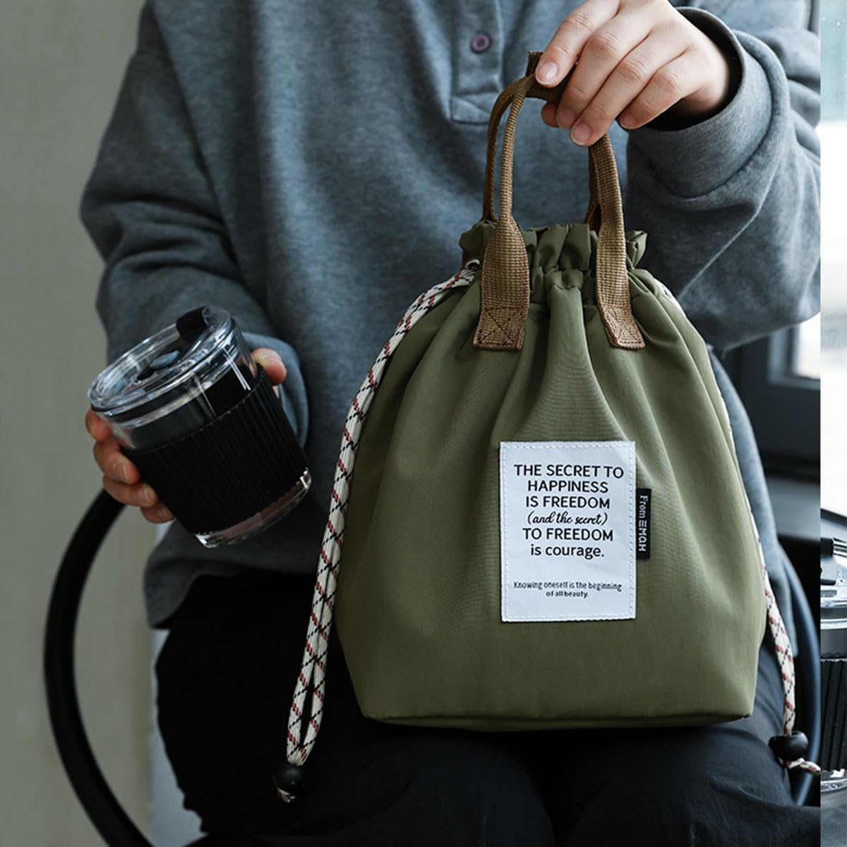 Japanese Style Bento Bag Portable Insulated Lunch Bag with Drawstring Closure for Work and Picnic