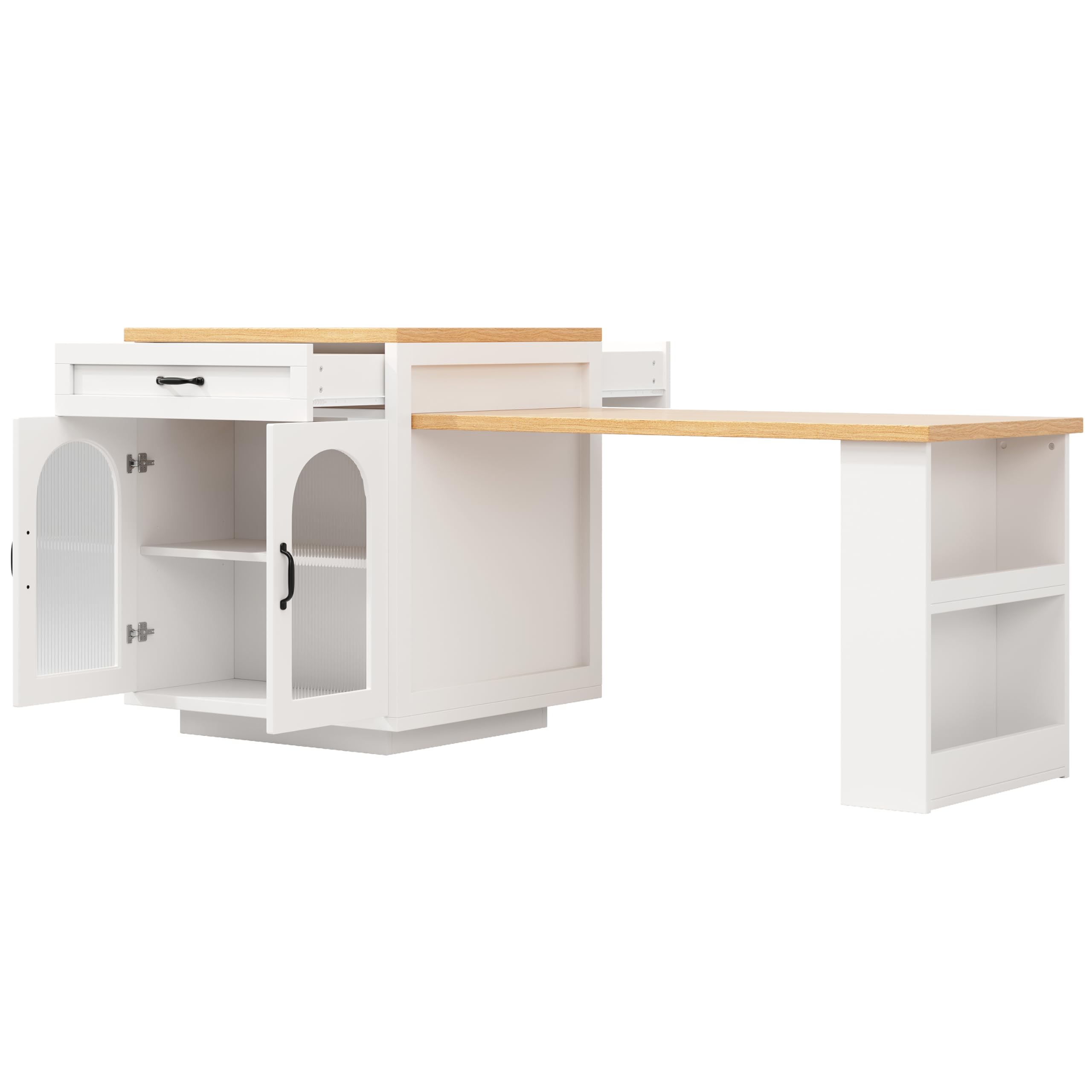 TIZZ Isola da cucina estraibile, mobile da cucina moderno con 2 cassetti e ripiani regolabili, credenza con ante in vetro scanalato, piano di lavoro da cucina in MDF per sala da pranzo, bianco