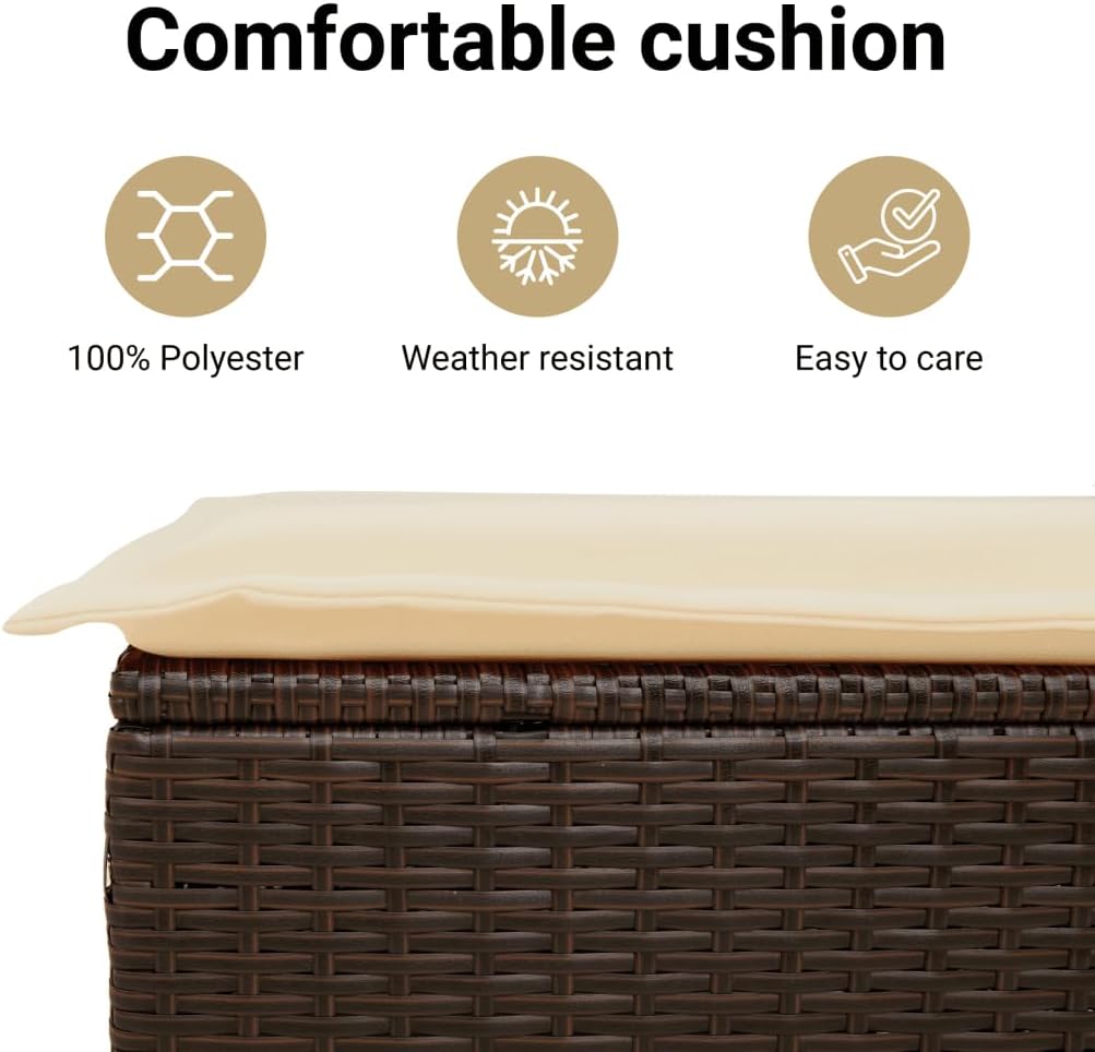 vidaXL Outdoor Garden Furniture-Brown Poly Rattan Storage Bench with Cushion, Weather-, Comfortable Seating for Patio/Garden