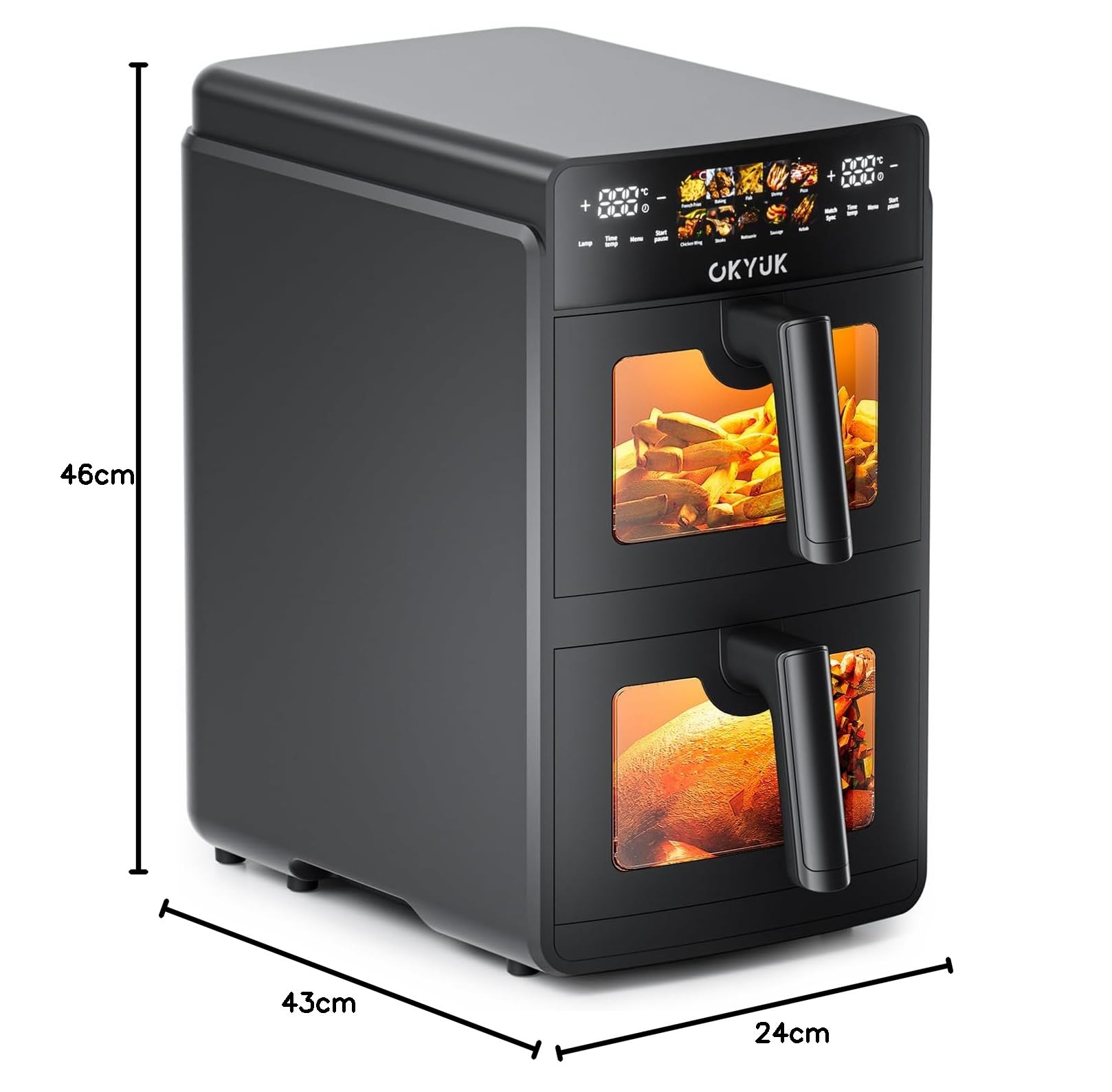 OKYUK Frytkownica na gorące powietrze, 2 komory 10 l, Airfryer 2 przegródki po 5 l, 10 programów frytkownicy, 2 potrawy gotowe jednocześnie, frytkownica na gorące powietrze, podwójna warstwa z