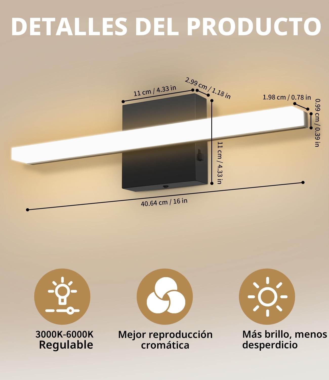 Lámpara de Espejo para Baño 40CM, Luz LED de Baño 3000-6000K con Control de Color, Aplique para Espejo con Pantalla Acrílica, Bajo Consumo y Duradera, Luz de Pared Moderna para un Ambiente Acogedor