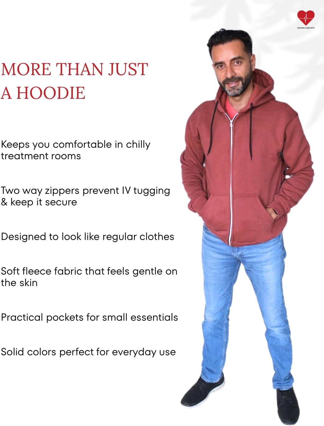 Inspired Comforts Dialysis Port Access Unisex Hoodie with Two Way Arm Access Zip - Image 5