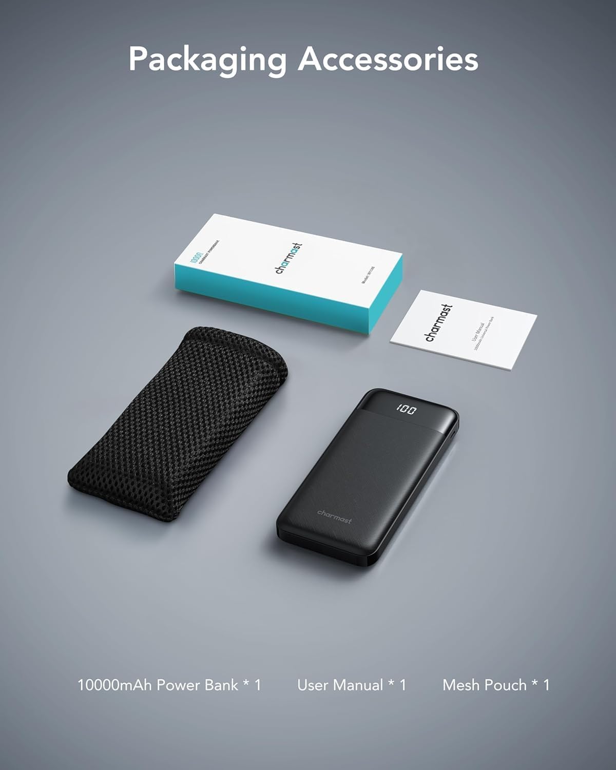 Charmast Power Bank 10000mAh con Cables Integrados, USB C Cargador Portátil 5V / 3A Powerbank Pantalla LED con 6 Salidas y 3 Entradas para iPhone Samsung Huawei Xiaomi — view 8