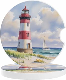 Beach Lighthouse Car Coasters for Cup Holders Set of 2 Absorbent, 2.56" Ceramic Drinks Cupholder Coasters with Finger Notch Coastal Ocean Ship Sky Oil Painting Auto Interior Accessories for Women
