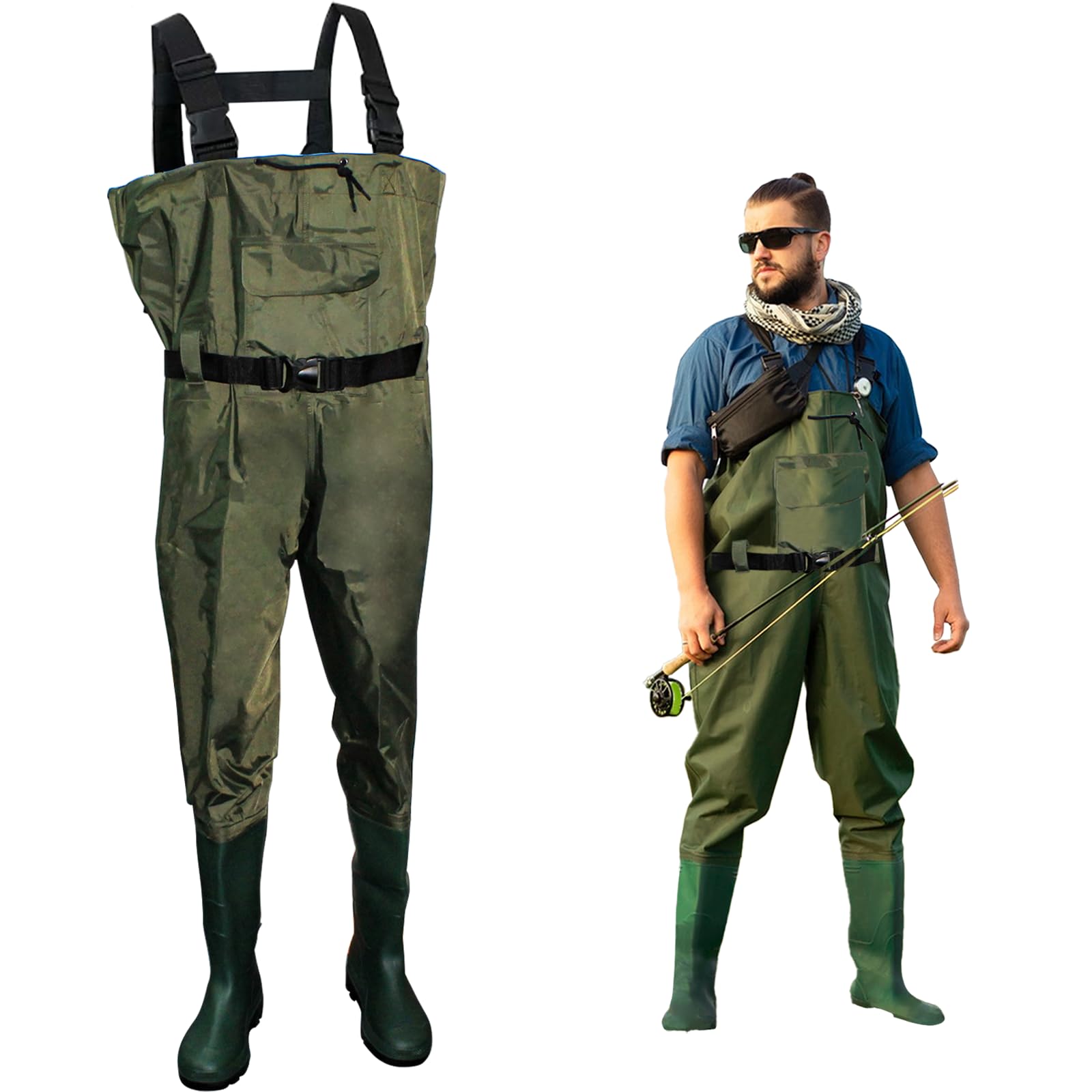 Lfemro Fishing Waders with Boots, 3-Ply Nylon/PVC Bootfoot Chest Waders for Men Women, Waterproof Fishing Boot (Green)