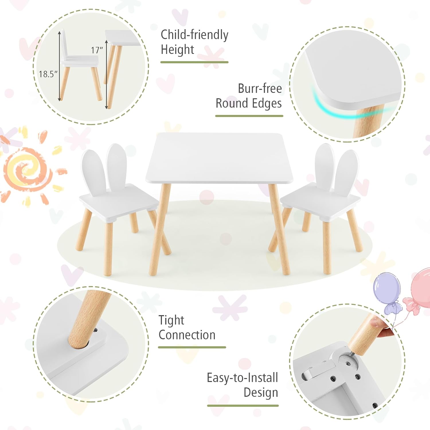 Costzon Kids Table and Chair Set, 3 Pieces Wooden Activity Table & 2 Rabbit Shaped Chairs with Solid Wood Legs, Space-saving Design, Toddler Table and Chairs for Children Playroom Kindergarten (White)