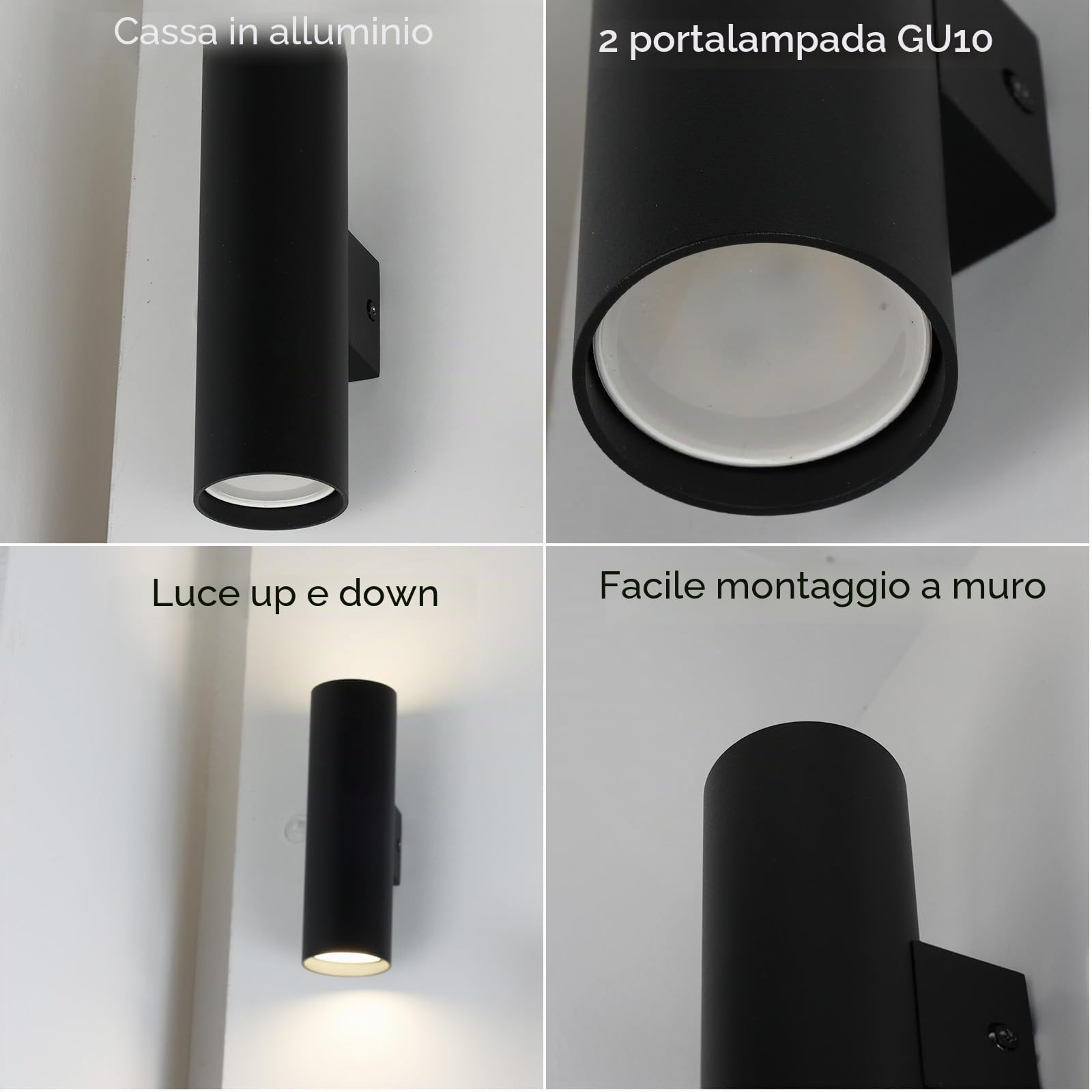Alpinaluz Applique da Parete Up & Down con 2 Attacchi GU10, Design Cilindrico in Metallo, Lampada Decorativa da Interno per Corridoio, Camera e Soggiorno, IP20 (Nero)