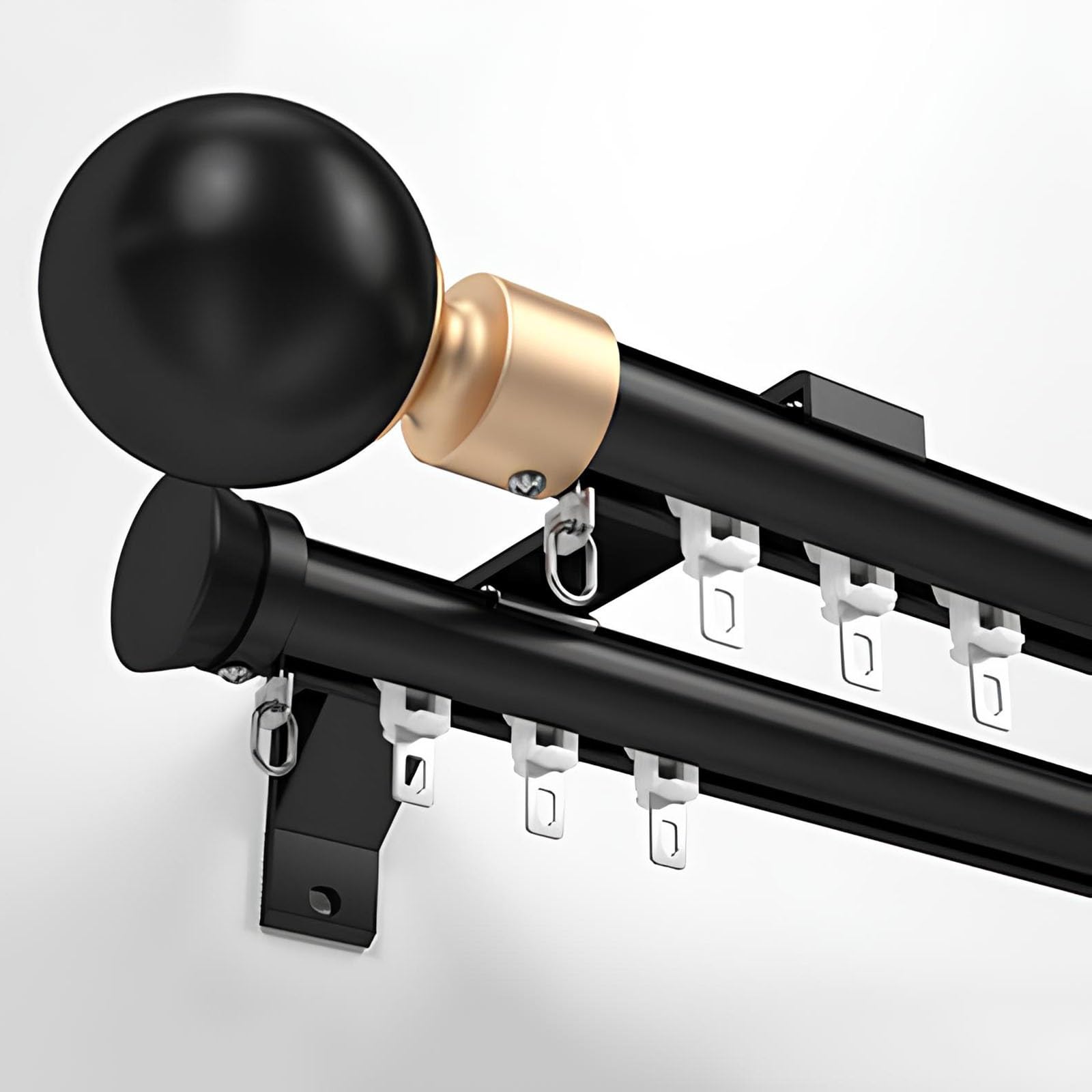 VQWQV Double Curtain Rod For Windows 2.2~19.6ft, Heavy Duty Double Drapery Rod Set, Luxury Thick Aluminum Alloy Curtain Rails For Living Room Bedroom Room Divider(Color:Black,Size:90cm)