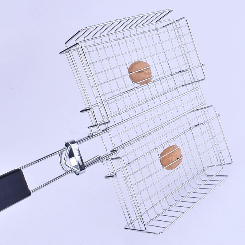 Cestino pieghevole in acciaio inox per barbecue con manico rimovibile, rete portatile per barbecue per campeggio e cucina all'aperto, 64,5 x 31 x 5 cm