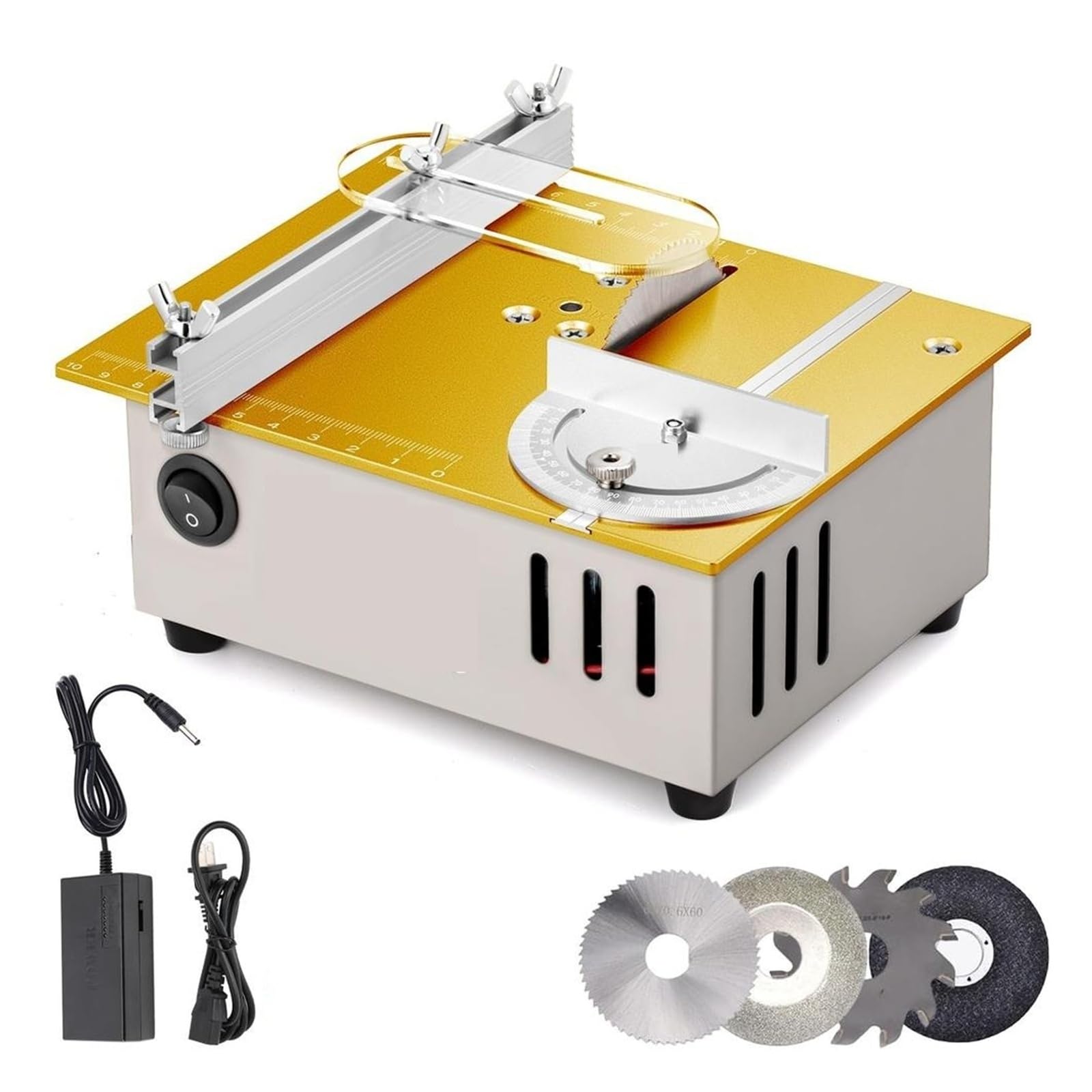 Mini sierra de mesa, Minisierra de mesa compacta de 96 W, 9000 RPM, velocidad variable, ángulo de 0 a 90°, profundidad de corte de 15 mm, juego de 4 hojas