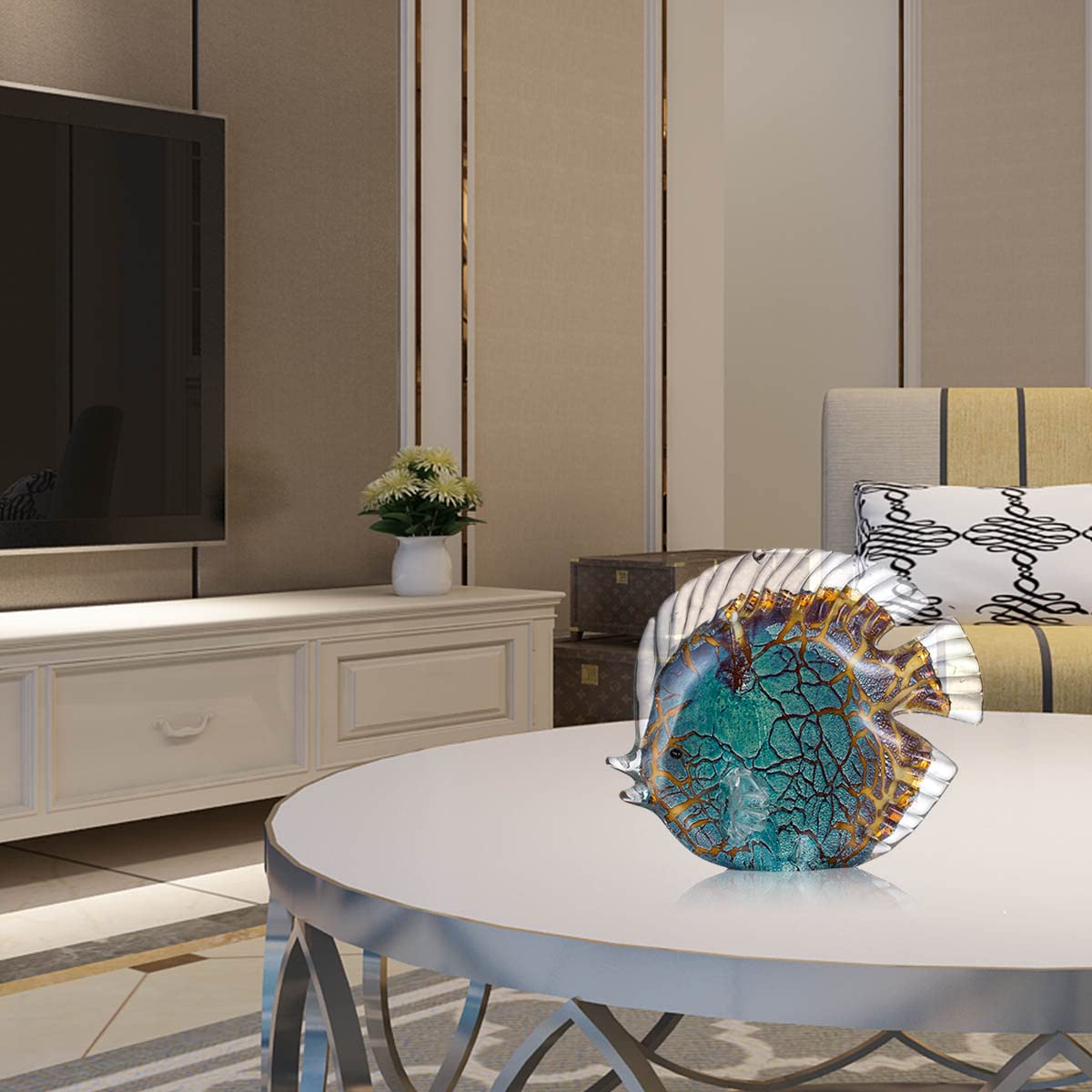 Scultura In Vetro Soffiato A Mano – Pesce Tropicale Maculato Multicolore, Decorazione Moderna Per Casa O Ufficio