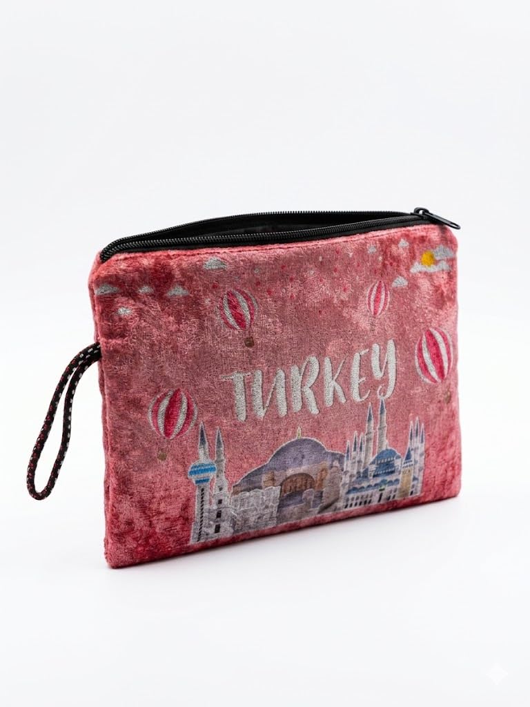 Turkey Yazılı Balon ve Cami Desenli Kadife El Çantası - Fermuarlı Pembe Çingene Kadife Makyaj Çantası, Seyahat Organizeri Pouch ve Hediyelik Cüzdan
