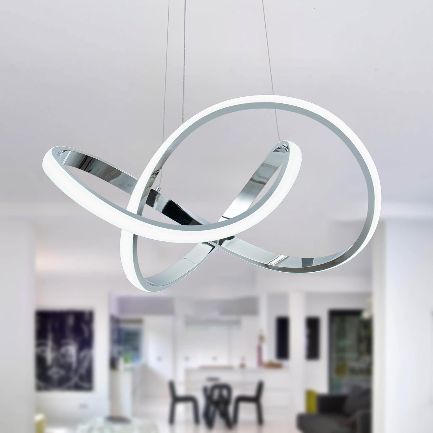 MAYNA LED Pendant Light with Irregular Ring Lights,Modern LED Chandelier, Dimmable Contemporary Ceiling Light Fixture for Dining Room Bedroom Kitchen Island Cafe, 6000K White Chrome 19.7 inch- No remote control