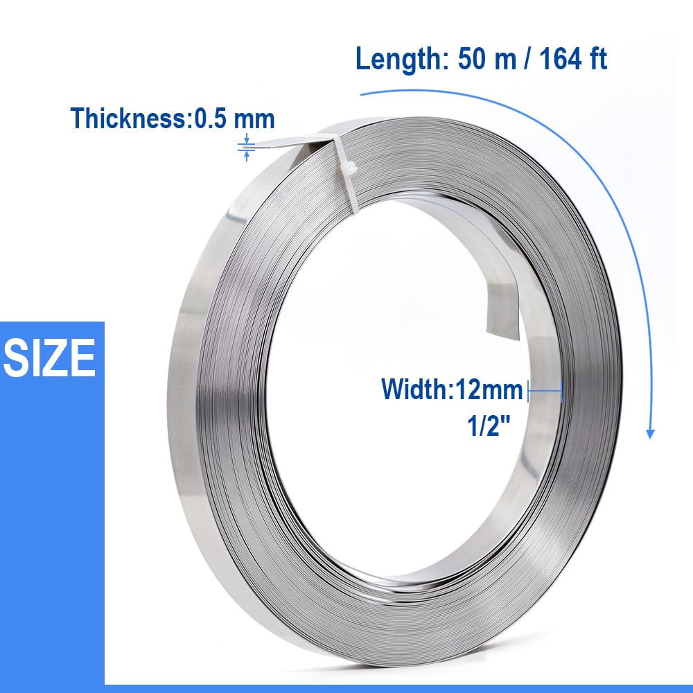 Taśma spinająca ze stali nierdzewnej, wytrzymała, 164 stopy, taśma metalowa – narzędzie do spinania kabli i oznakowań | 12 x 0,5 mm | 50 m