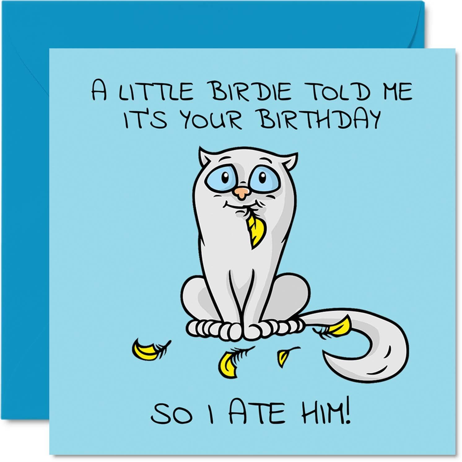 Birthday Card Funny - A Little Birdie Told Me It's Your Birthday So I Ate Him - Cartoon Cat Cards for Her or Him, 145mm Greeting Cards, Cards Female Adult Friend