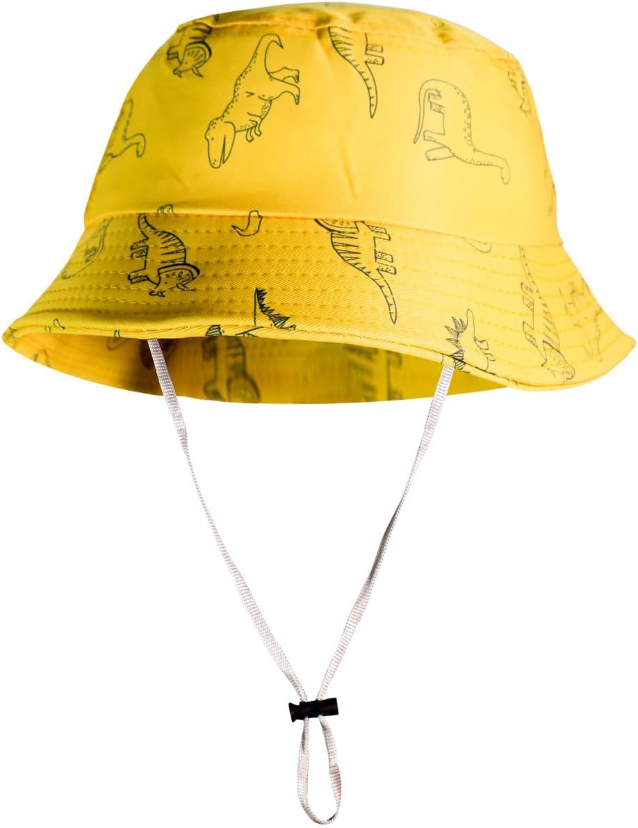 Chapéu Bucket Infantil Kids Unissex Proteção UV Sol Calor Verão Praia Saida Férias Modelo Cata Ovo Aba Larga Ajuste e Cordão Estampado Dinossauros