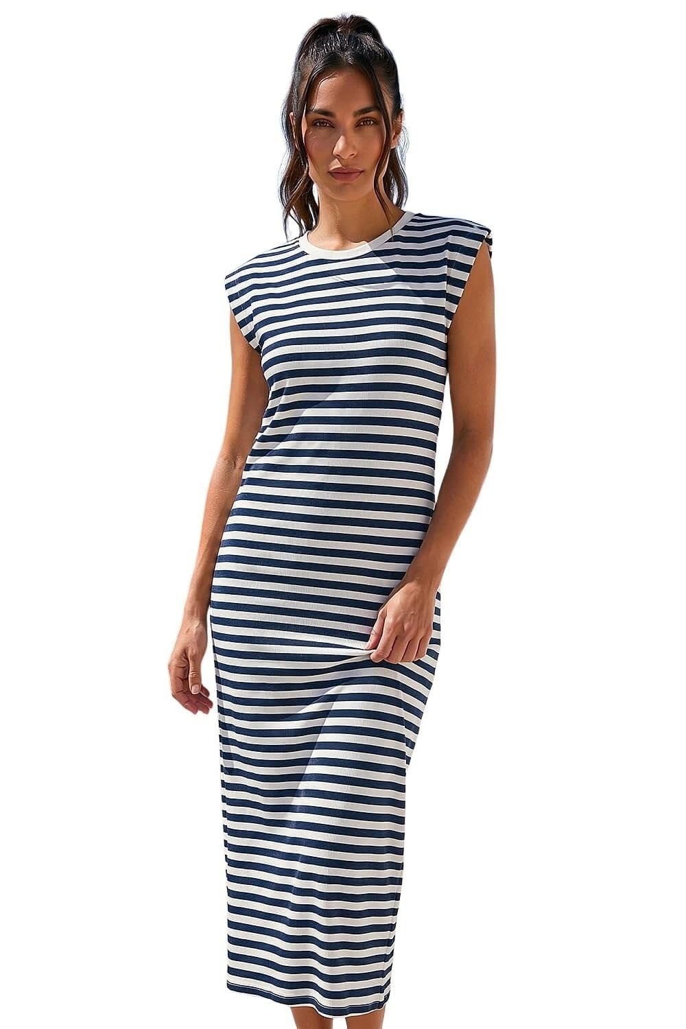 Roman Women's Navy Ribbed Stripe Cap Sleeve Midi Dress In Size 18