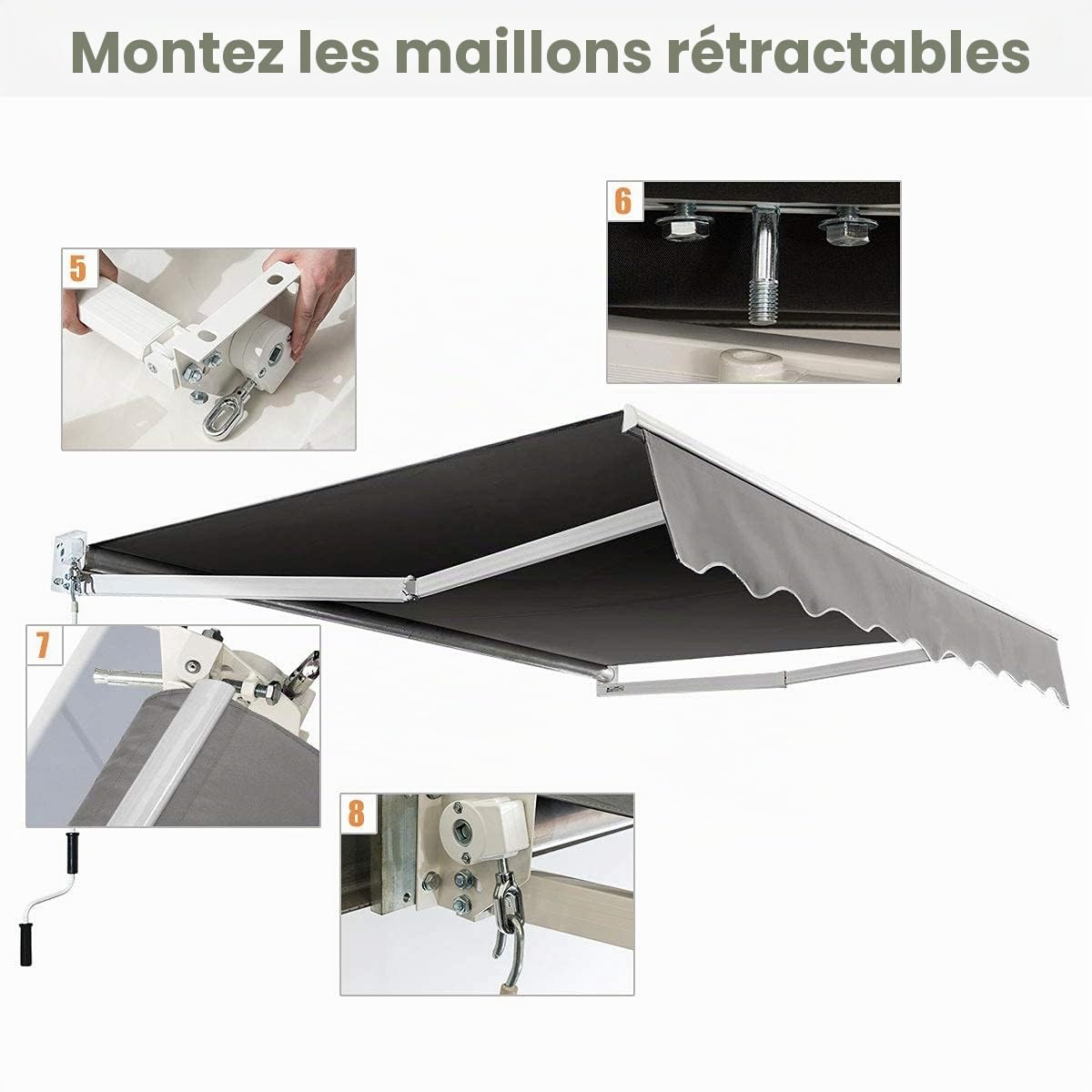 FANTASK Auvent à Bras articulés, Protection Solaire et Eau, 250 x 200 cm, Store rétractable avec Cadre en Aluminium et manivelle, Store de terrasse Angle réglable de 40 à 100 ° pour Balcon, terrasse