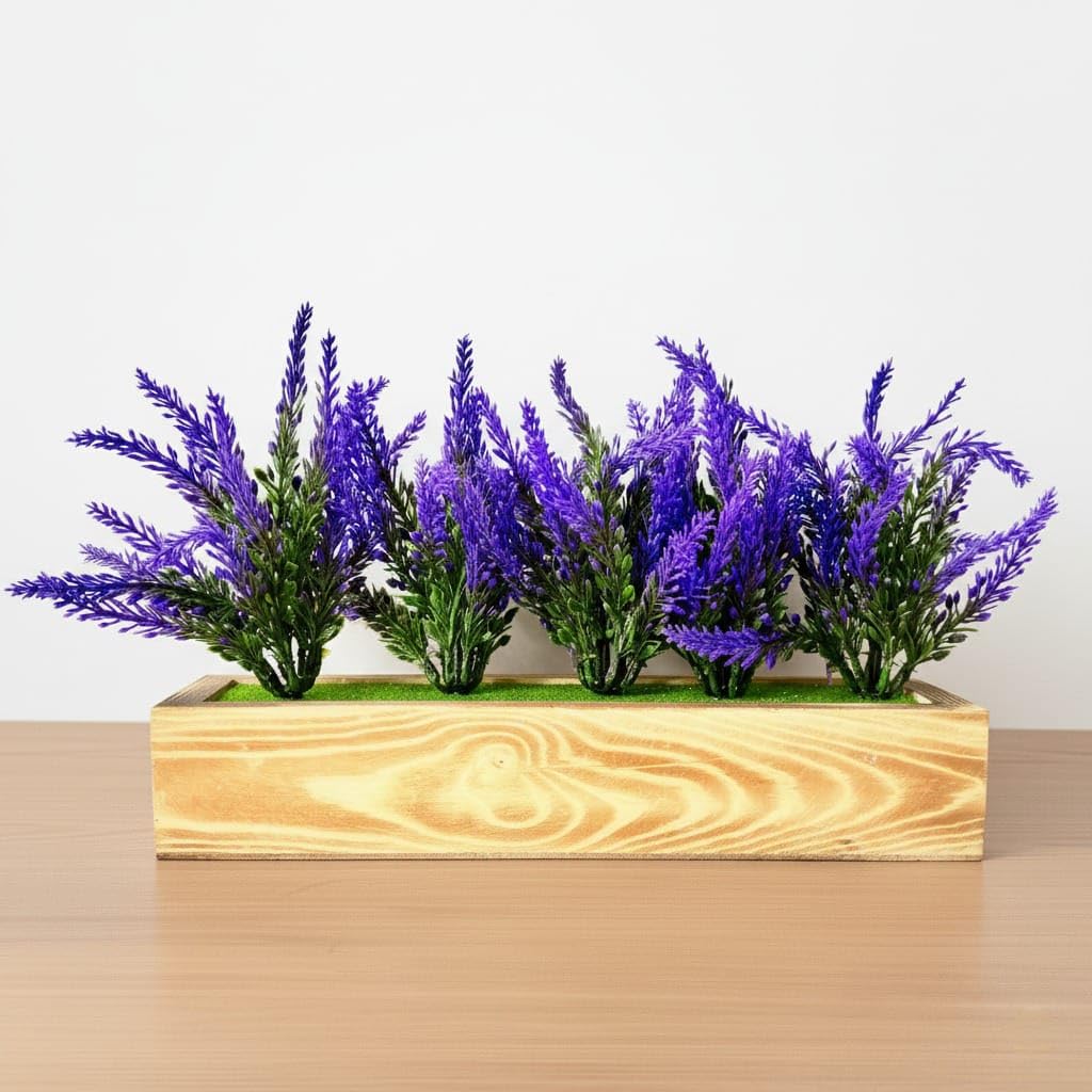Dekorly Artificial Lavender Plant in White Pot, 18cm – Realistic Faux Flower Arrangement for Home & Office Décor (Set of 1) (1, Wooden Pot)