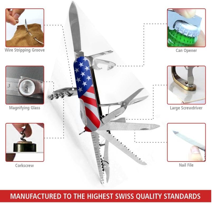 Swiss Eagle 30-in-1 Classic Pocket Knife, Premium Multi Tool Pocket Knife with Large Blade, Scissor, Screwdriver, Magnifying Glass, Tweezer for Gifts - American Flag