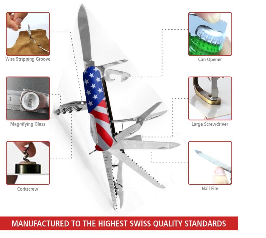 Image of Swiss Eagle 30-in-1 Classic Pocket House Hold & Campaign Tool, Premium Multi Tool Pocket Tool with Blade, Scissor, Screwdriver, Plier, Magnifying Glass, Tweezer for Christmas Gifts - American Flag