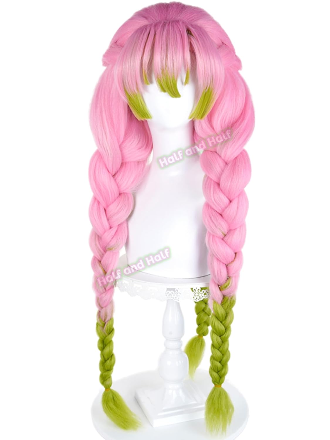 Mitsuri Cosplay Wig Pink and Green Braided Anime Wig with Bangs Kanroji Costume Wigs 35.4'' Synthetic Fiber Hair for Women Halloween Party