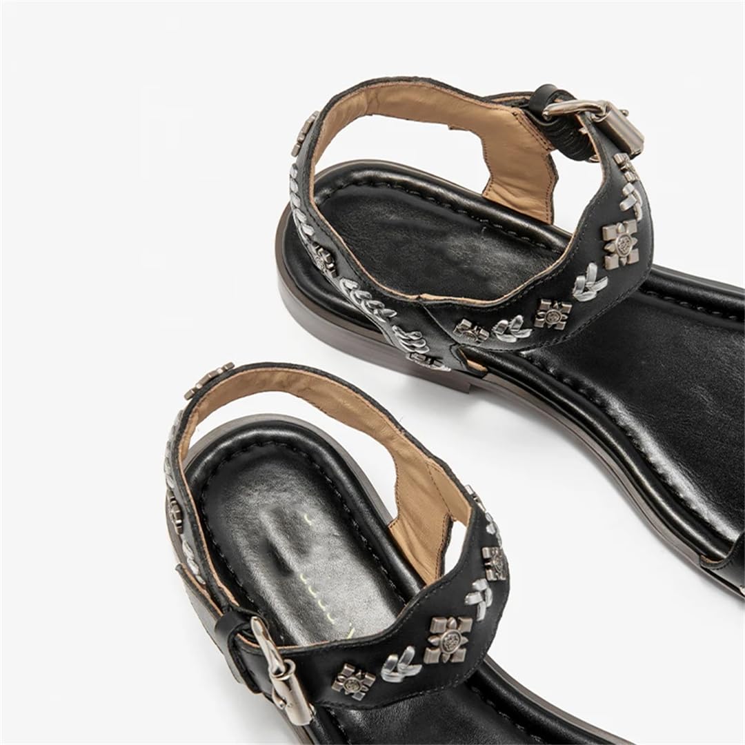 Sandalias de verano para mujer, con correa trasera, tacón redondo, con correa al tobillo, de piel de vaca auténtica, decoración de metal, sandalias casuales de verano