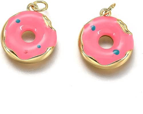 LiQunSweet 5 Pcs Pink Doughnut Enamelled Charm Brass Enamel Charms