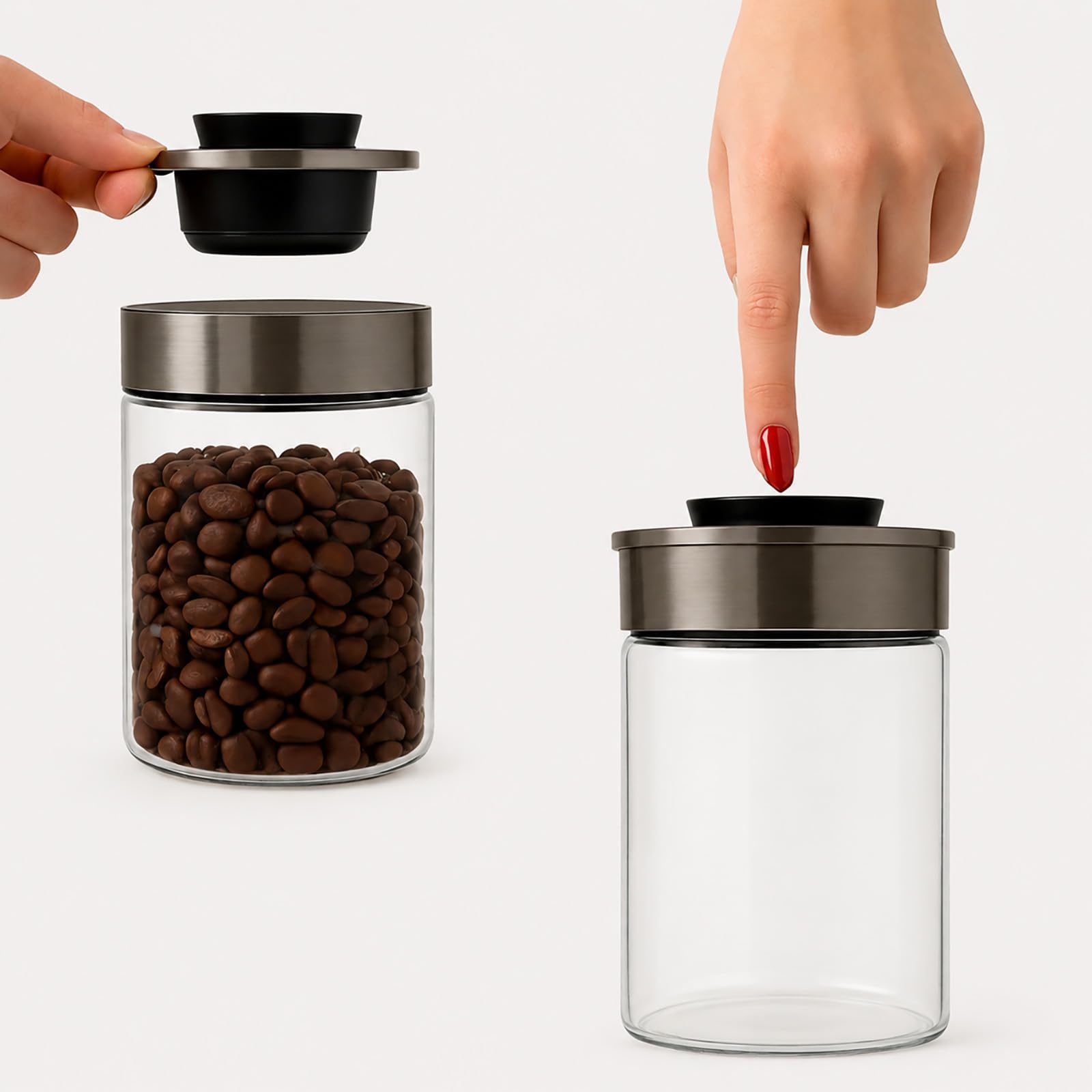 BURI Juego de 6 tarros de cristal de 1000 ml, herméticos con tapa de acero inoxidable y cierre de clic, apilables, aptos para lavavajillas, para cocina, almacenamiento de alimentos