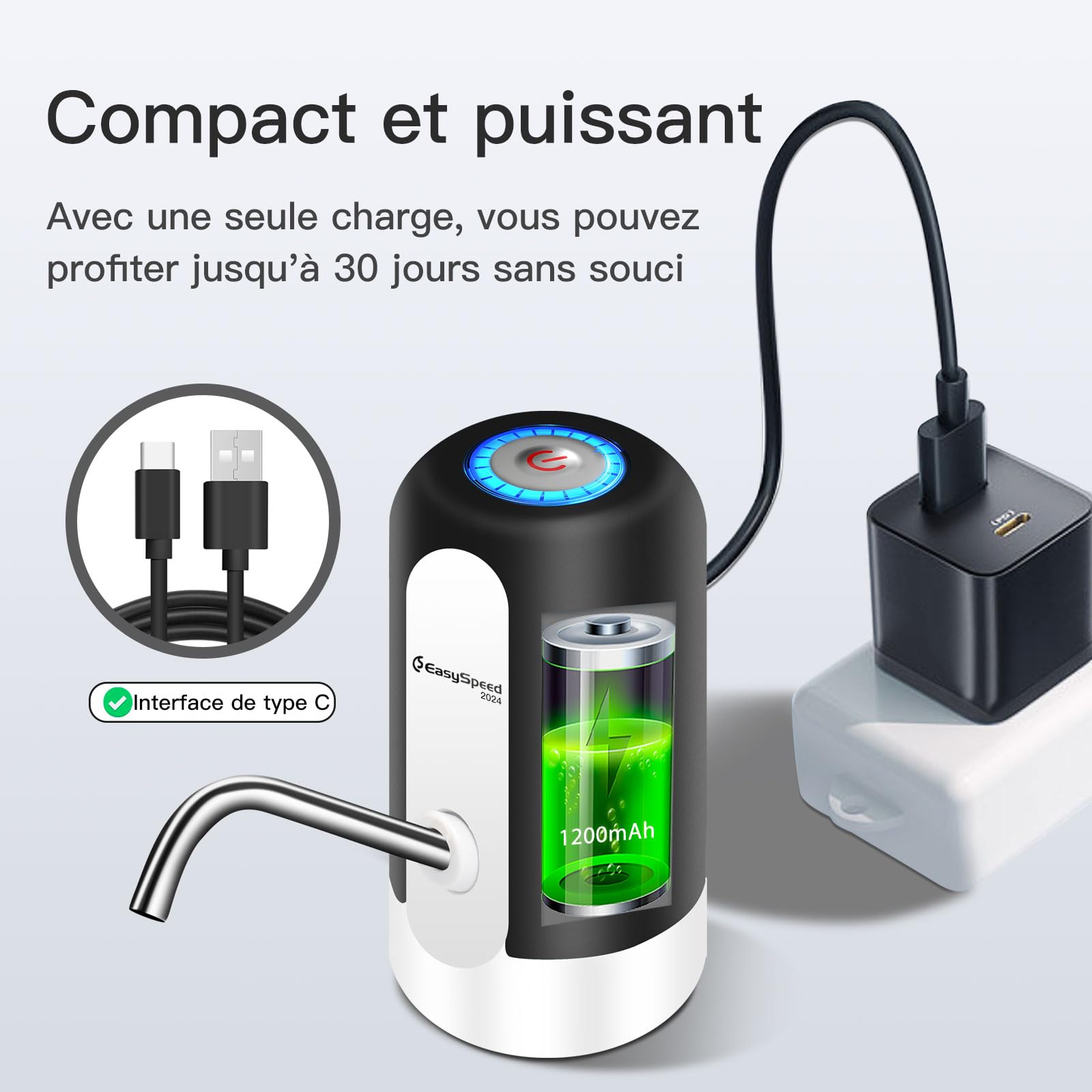 EASYSPEED Distributeur Eau Portable Rechargeable USB avec 2 Adaptateurs pour Camping Maison Bureau