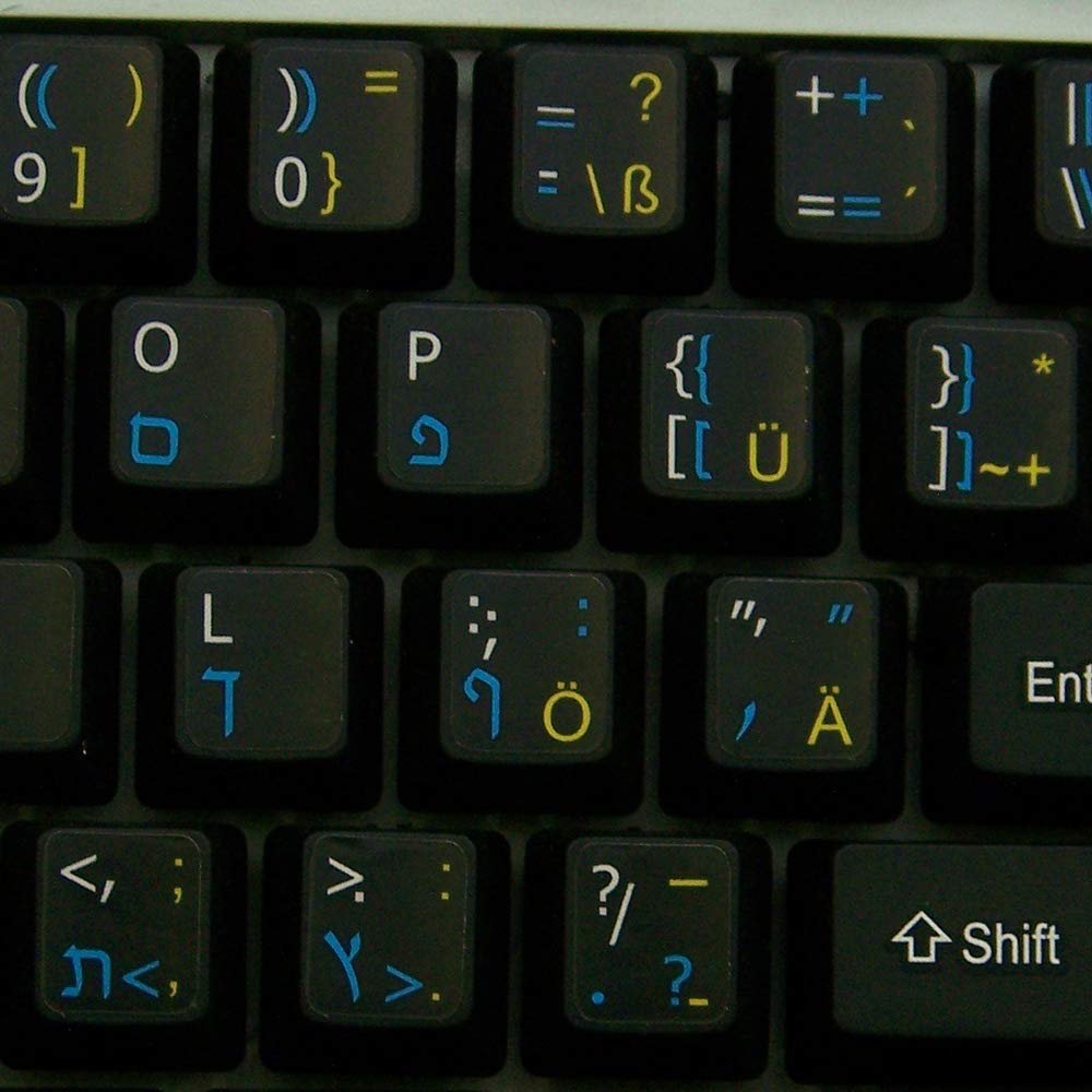 German - HEBERW - English Non-Transparent Keyboard Labels Layout Black Background for Desktop, Laptop and Notebook