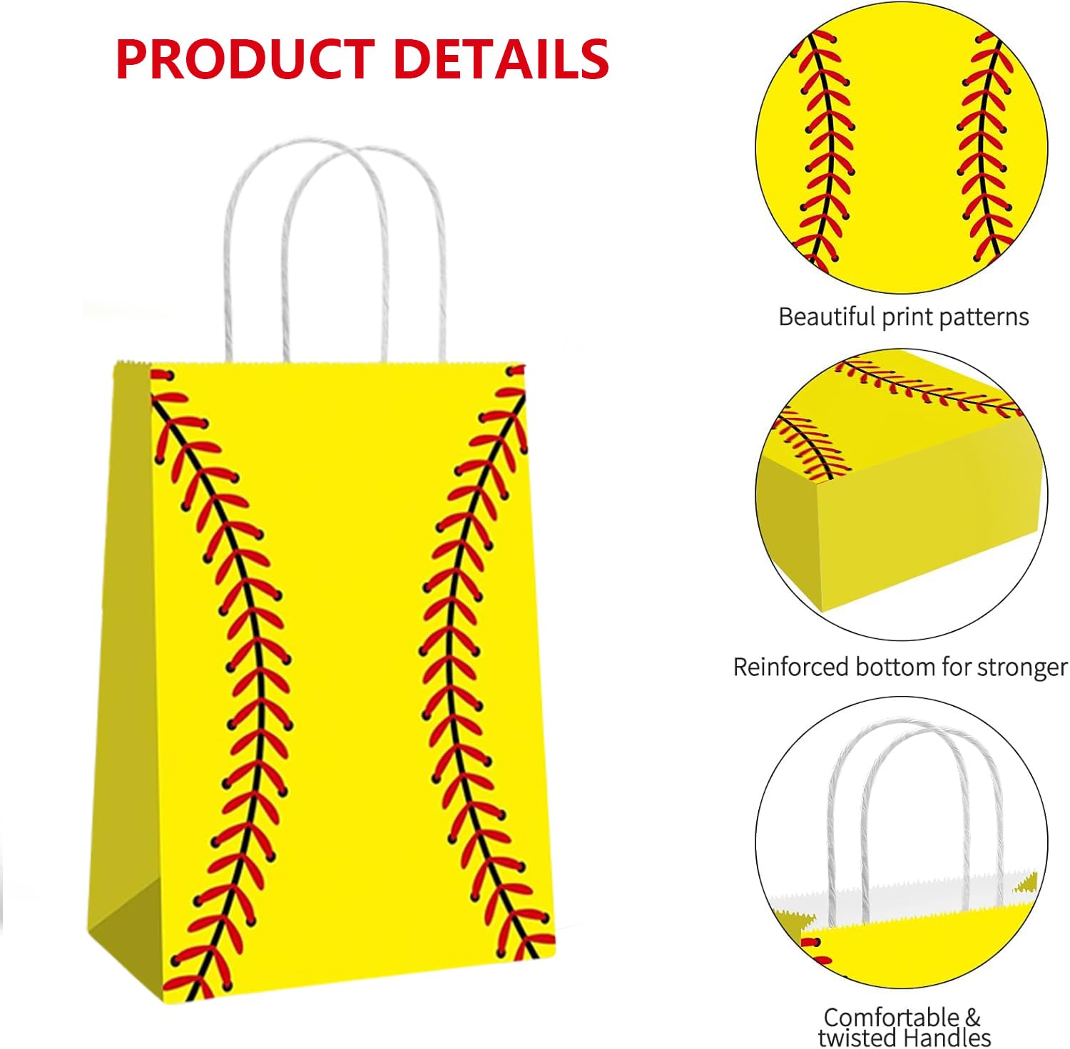 Rarapop 12 Pack Softball Gift Bags with Handle, Paper Snack Treat Goodie Bag for Softball Theme Party Favor Decorations Sports Birthday Celebration Supplies