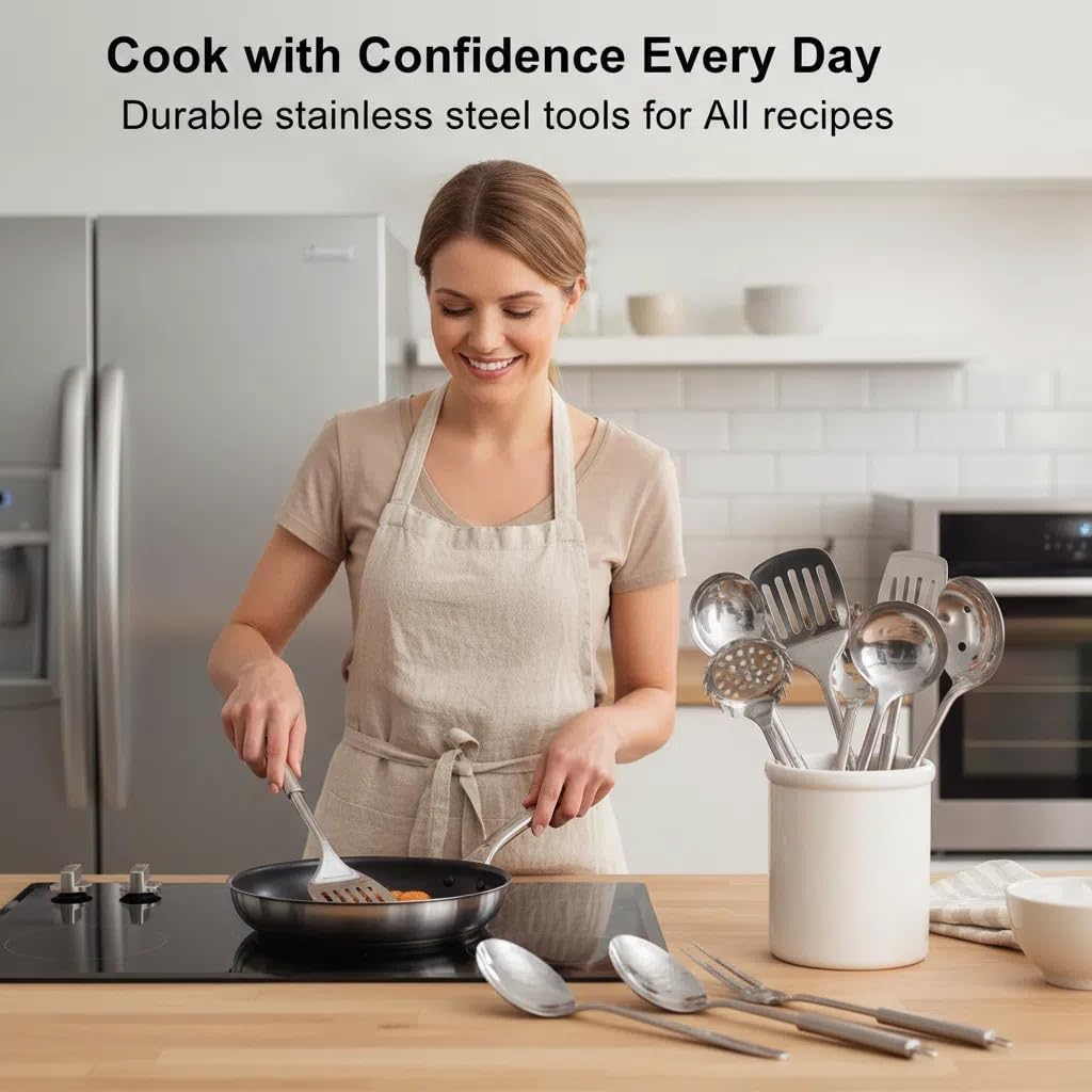 12-Piece Heavy-Duty Stainless Steel Cooking Utensil Set – Long Heat-Resistant Handles – Turner, Ladles, Skimmers & More