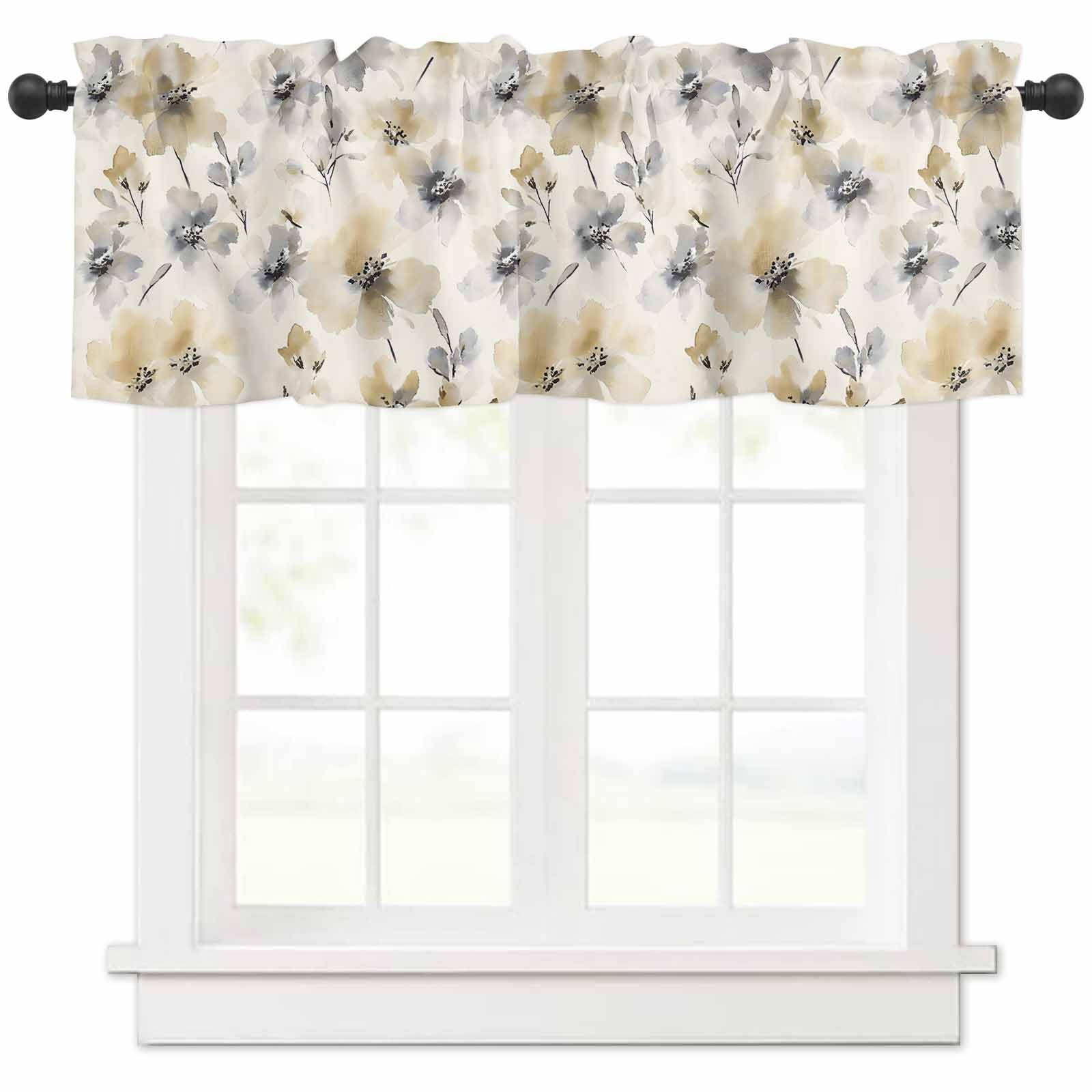 Pinroote Watercolor Flower Valances Window Treatment Farmhouse Decor, Beige Grey Spring Floral Botanical Rod Pocket Valance Curtains for Living Room,